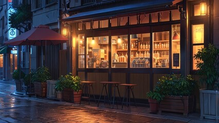 Cozy Japanese Cafe at Night: Warm Lights and Rainy Street Scene
