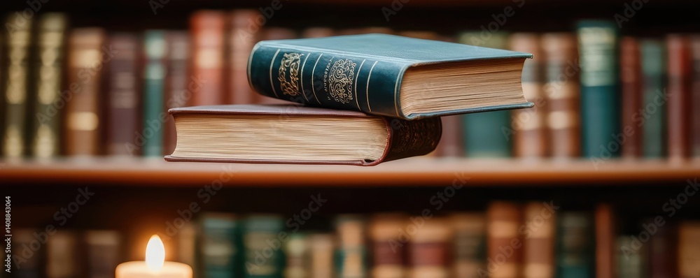 Aufkleber Books floating in the air on a library and shelf concept. Two vintage books resting on a table in a cozy library.