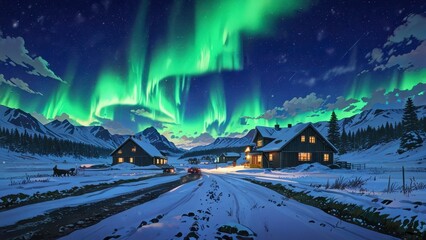 Aurora Borealis Illuminates Snowy Village: A Serene Winter Night Scene