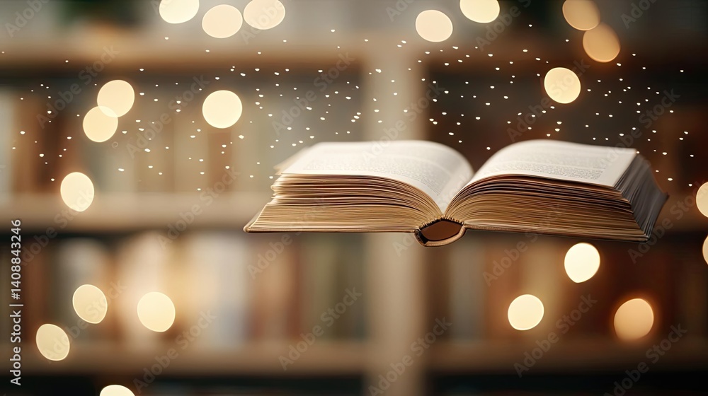 Poster Books floating in the air on a library and shelf concept. A magical book floating amidst sparkling lights in a cozy library.