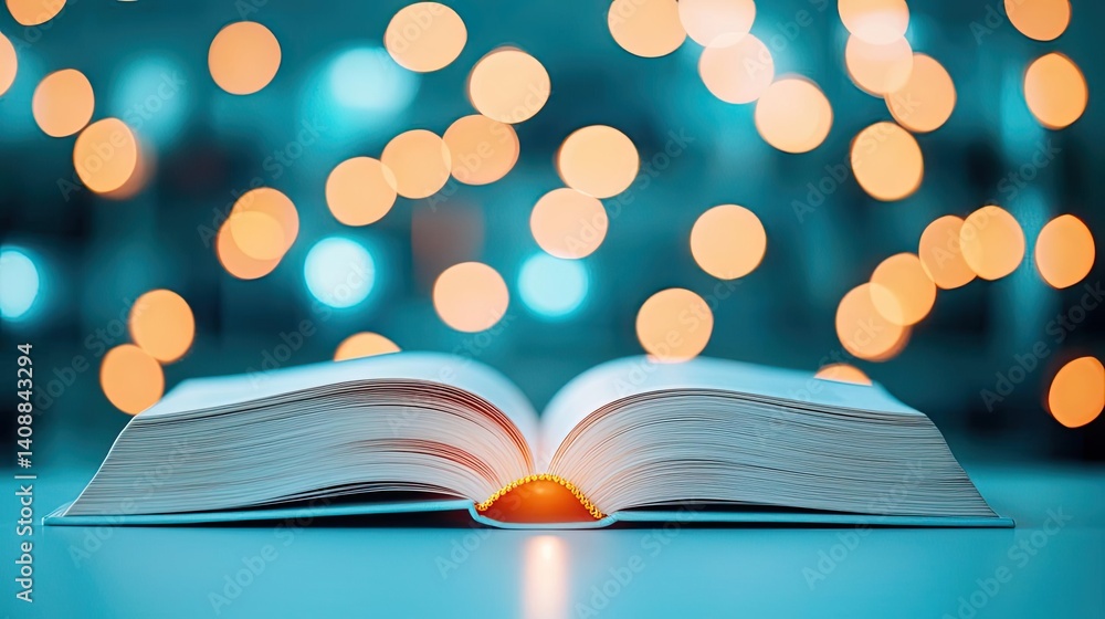 Poster books floating in the air on a library and shelf concept. an open book illuminated by warm bokeh lig
