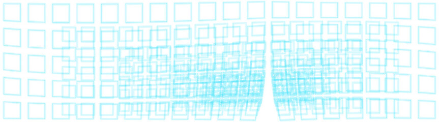 淡青色の連続する正方形グリッドの幾何学ベールが風を受けるカーテンのように少し開いている横長の涼しいテクスチャー