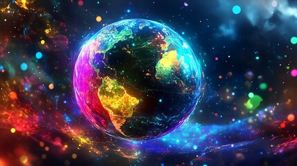 Obraz premium Digital world in 3D cyber space with neon colorful lights representing future global technology energy power