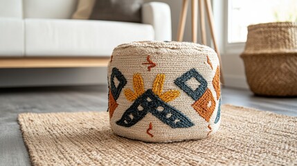 Obraz premium Cozy living room decor modern home textile pouf minimalist environment natural light comfort and style