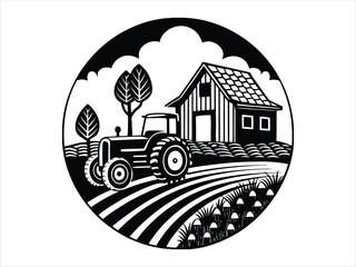Obraz premium Vintage Farm Scene with Tractor and Barn in a Circle