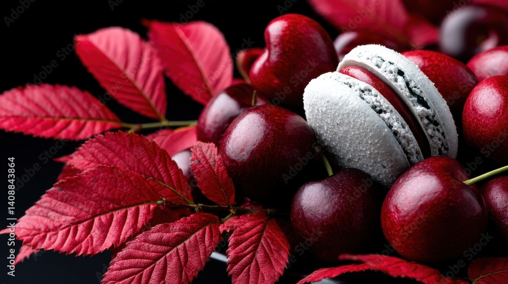 Poster a plate of cherries and macaroons with red leaves in the background