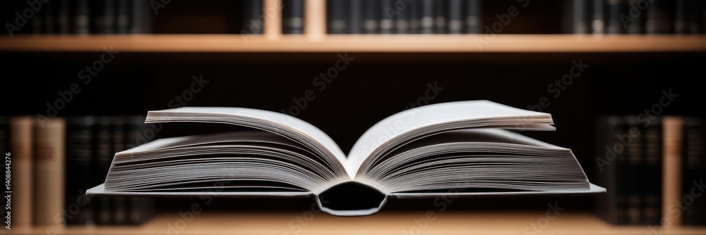 Poster Books floating in the air with a focus on literature and cognition concept. An open book on a shelf symbolizes knowledge and imagination.