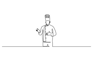 Continuous one line drawing of Young man Chef. Single line drawing illustration of chef with uniform. Hotel and restaurant decoration concept vector art. Doodle line illustration.