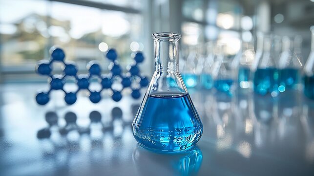 Blue liquid in flask in a lab setting