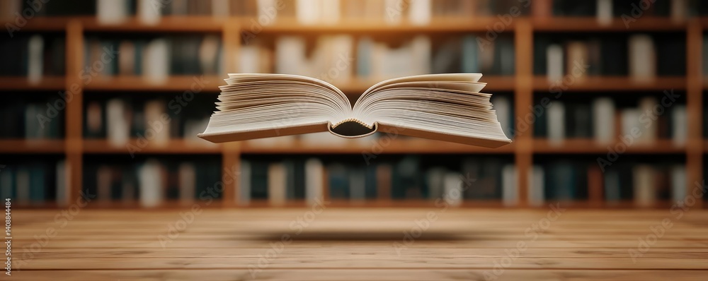 Poster books floating in the air with flying and education concept. an open book hovers over a wooden table