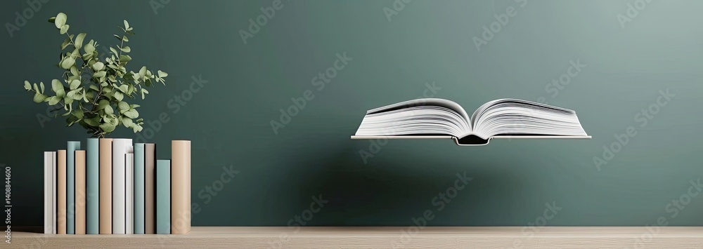 Poster Books floating in the air on a library and shelf concept. Open book floating above a shelf with decorative plants.