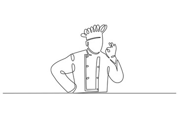 Continuous one line drawing of Young man Chef. Single line drawing illustration of chef with uniform. Hotel and restaurant decoration concept vector art. Doodle line illustration.
