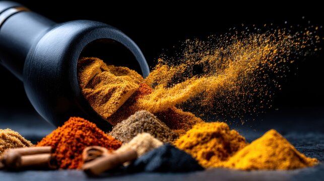 A black mortar and pestle is filled with a variety of spices, including cumin