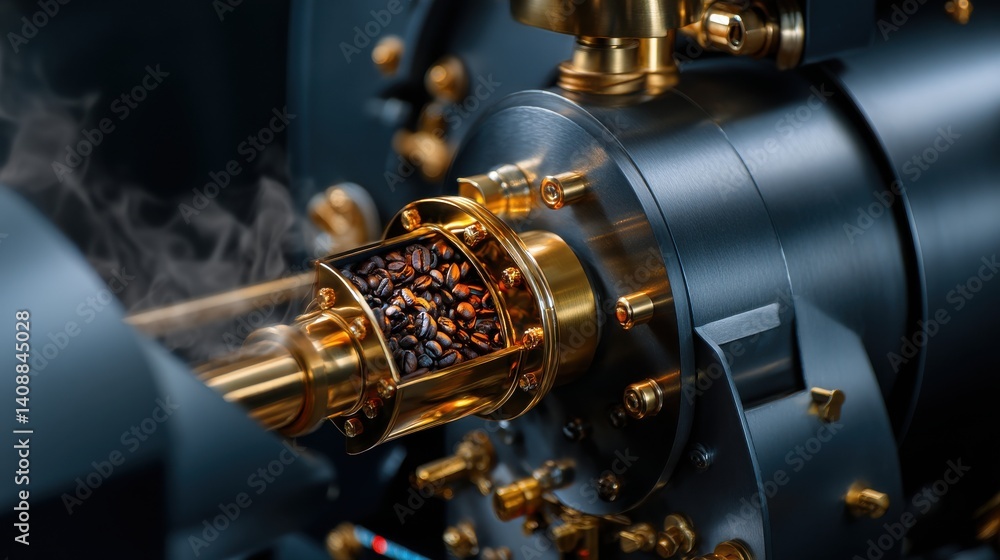 Poster A machine with a gold colored part that is filled with coffee beans