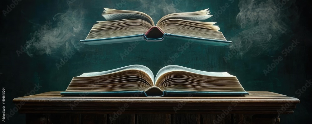 Poster books floating in the air with a focus on literature and cognition concept. floating books create an