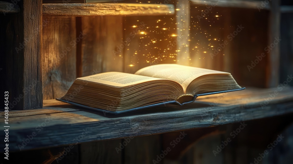Poster books floating in the air on a library and shelf concept. an open book radiating magic with glowing 