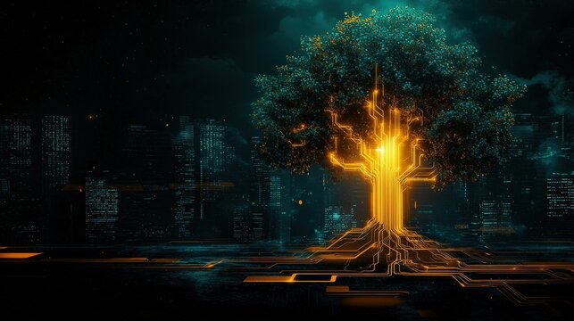 A tree with a glowing trunk is surrounded by a cityscape