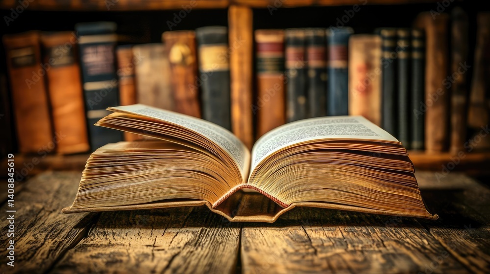 Poster books floating in the air on a library and shelf concept. an open book resting on a wooden table in 