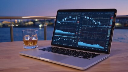 Laptop displaying stock market charts and graphs with whiskey glass on wooden table, night trading, financial analysis, investment, online business concept with luxury city lights in the background.