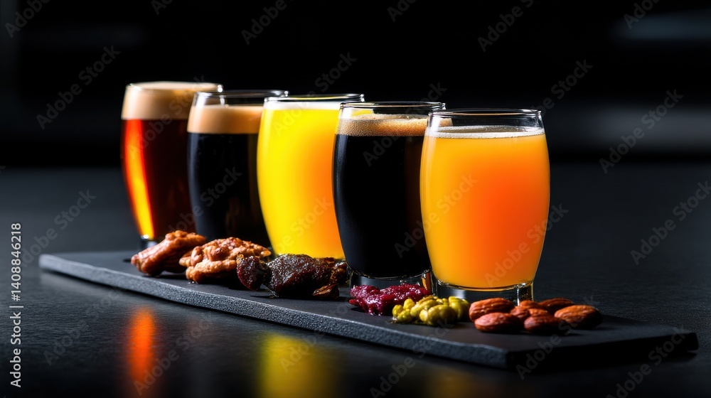 Poster a table with a variety of drinks and snacks, including a plate of nuts