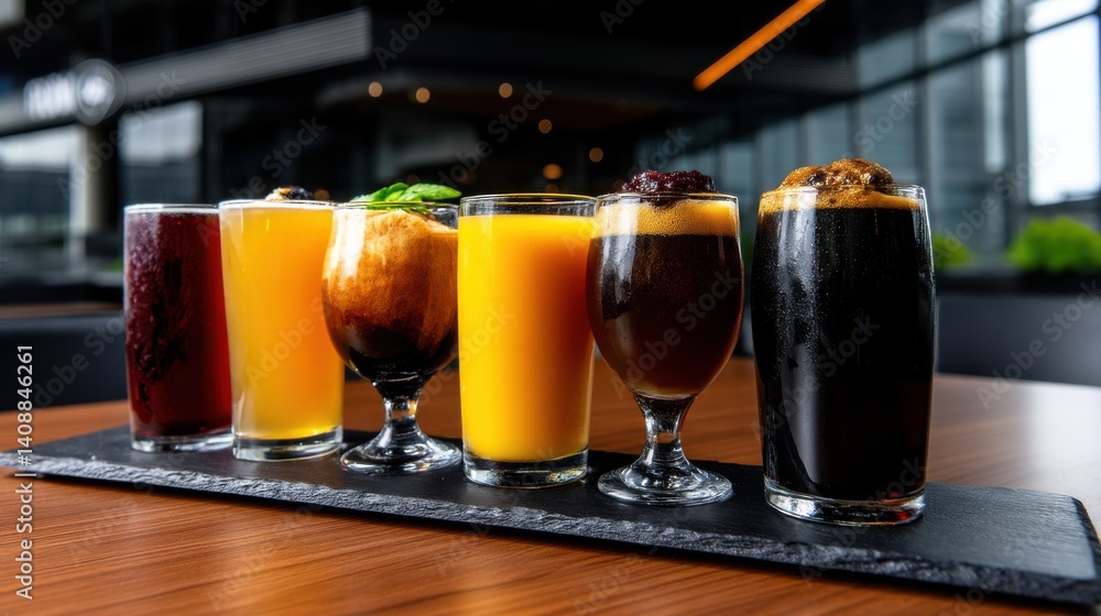 Poster a table with six different types of drinks in glasses