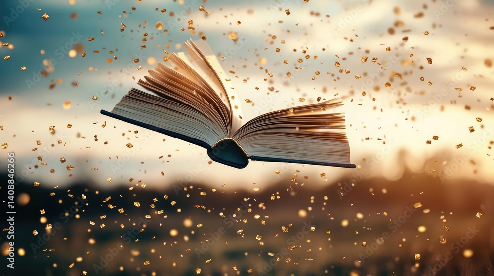 Poster books floating in the air with a focus on literature and cognition concept. an open book floating am
