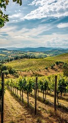 Fototapeta premium Stunning Vineyard Landscape: A Picturesque Scenic View of Rolling Hills and Lush Vine Rows in Tuscany for Nature Photography Enthusiasts