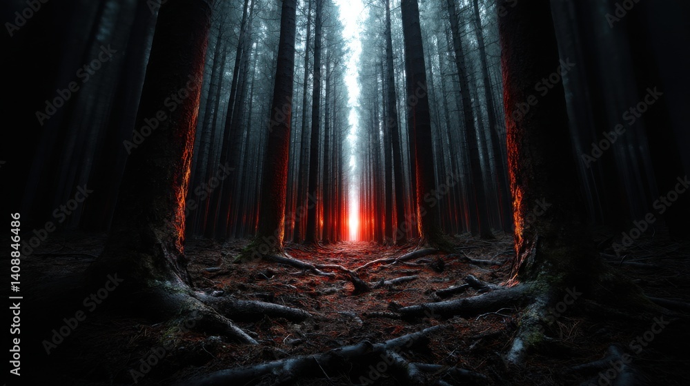 Aufkleber a forest with a bright light shining through the trees