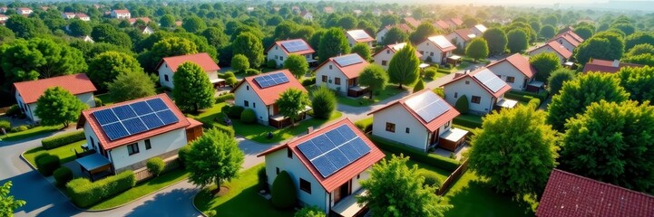 Aerial view of eco-friendly neighborhood with solar panel rooftops, technology, aerial photography