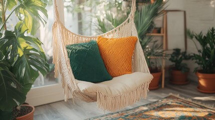 Cozy swing chair with colorful cushions indoor living room home decor natural light warm atmosphere relaxation concept
