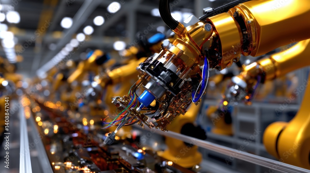 Poster A robot is working on a machine in a factory