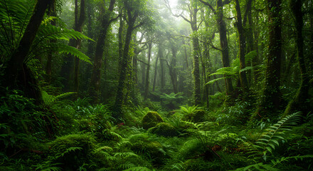 Obraz premium Lush Green Forest Scene with Moss and Ferns