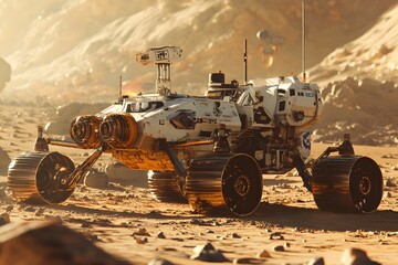 Futuristic White Rover Vehicle With Metallic Gold Wheels on Sandy Terrain