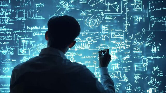 Man solving complex equations on digital screen for future technology innovation