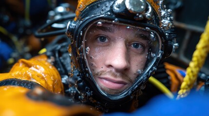 A man in a yellow and blue diving suit is looking at the camera