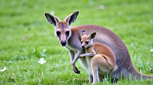 Eastern Grey Kangaroo (Macropus giganteus) on  meadow, very cute animal with baby with green background, australian wildlife, queensland, Brisbane, brown pouched mammal, marsupial
