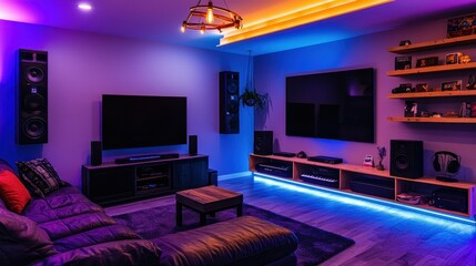 Modern home theater room, vibrant lighting and sound.