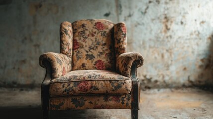 Rustic floral armchair in abandoned room vintage furniture dusty environment captured from eye level warm and nostalgic atmosphere for home decor inspiration
