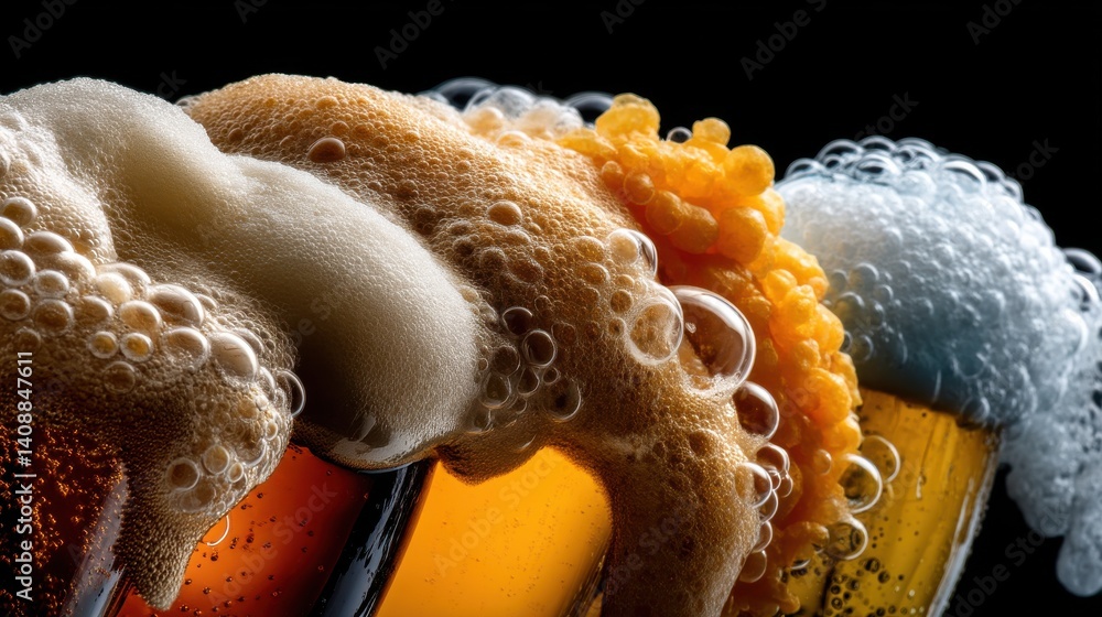 Poster a row of frothy beer glasses with bubbles on the side