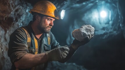 Miner in a tunnel inspecting rock samples. Featuring resilience and safety