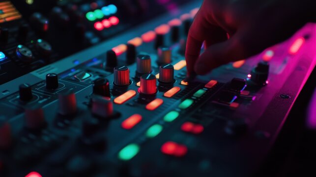 Musician adjusting sound levels on a mixing console. Featuring creativity and precision