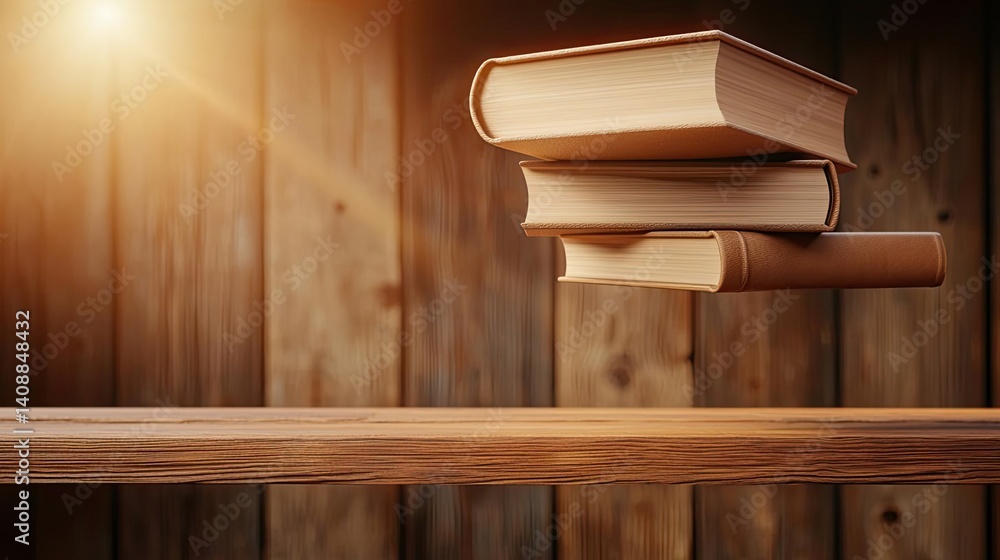 Poster books floating in the air on a library and shelf concept. stack of flying books illuminated by soft,