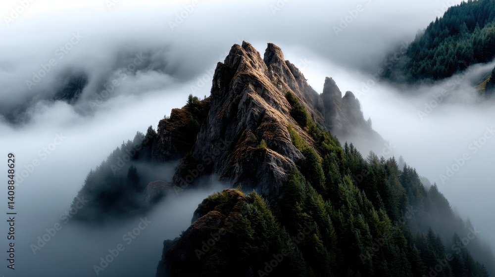 Poster a mountain covered in fog and trees