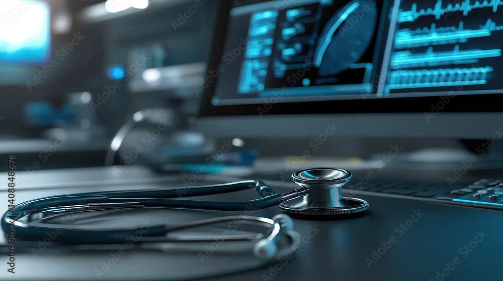 Poster a stethoscope resting beside a computer screen in a room
