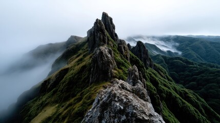 A mountain with a foggy sky and green trees