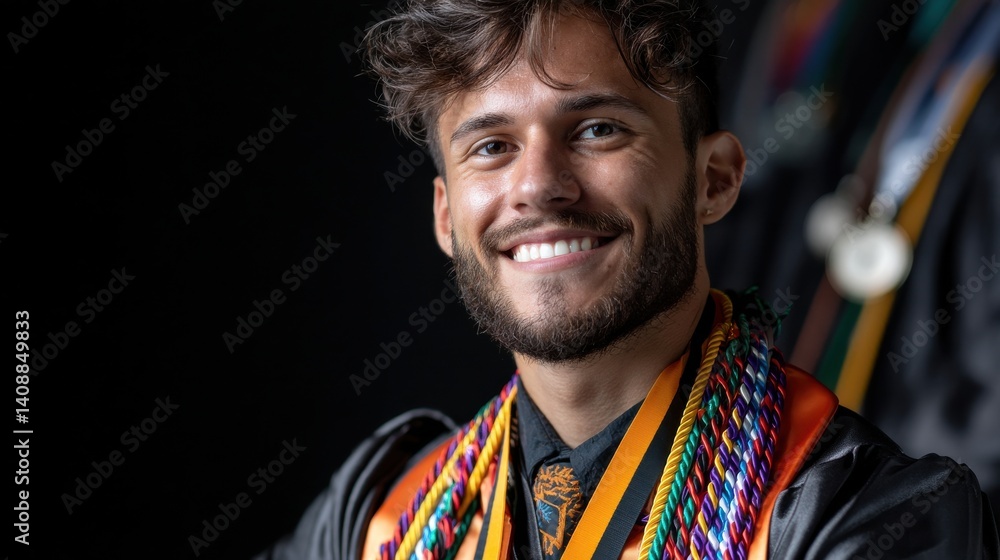 Poster a man is smiling and wearing a graduation cap and gown