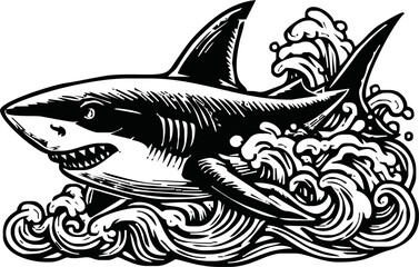 shark line pen ink ilustration vector on white background for sticker,tatto