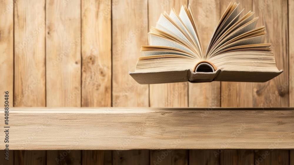 Poster books floating in the air on a library and shelf concept. open book floating above a wooden shelf in