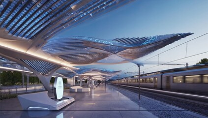 Futuristic train station with wave-shaped canopy, sleek modern design, digital screen kiosk, and rail tracks under early morning sky — perfect for smart city, travel, transport, and innovation themes.