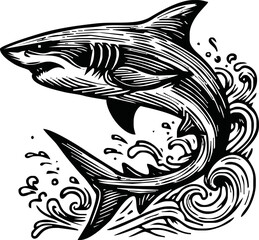 shark line pen ink ilustration vector on white background for sticker,tatto